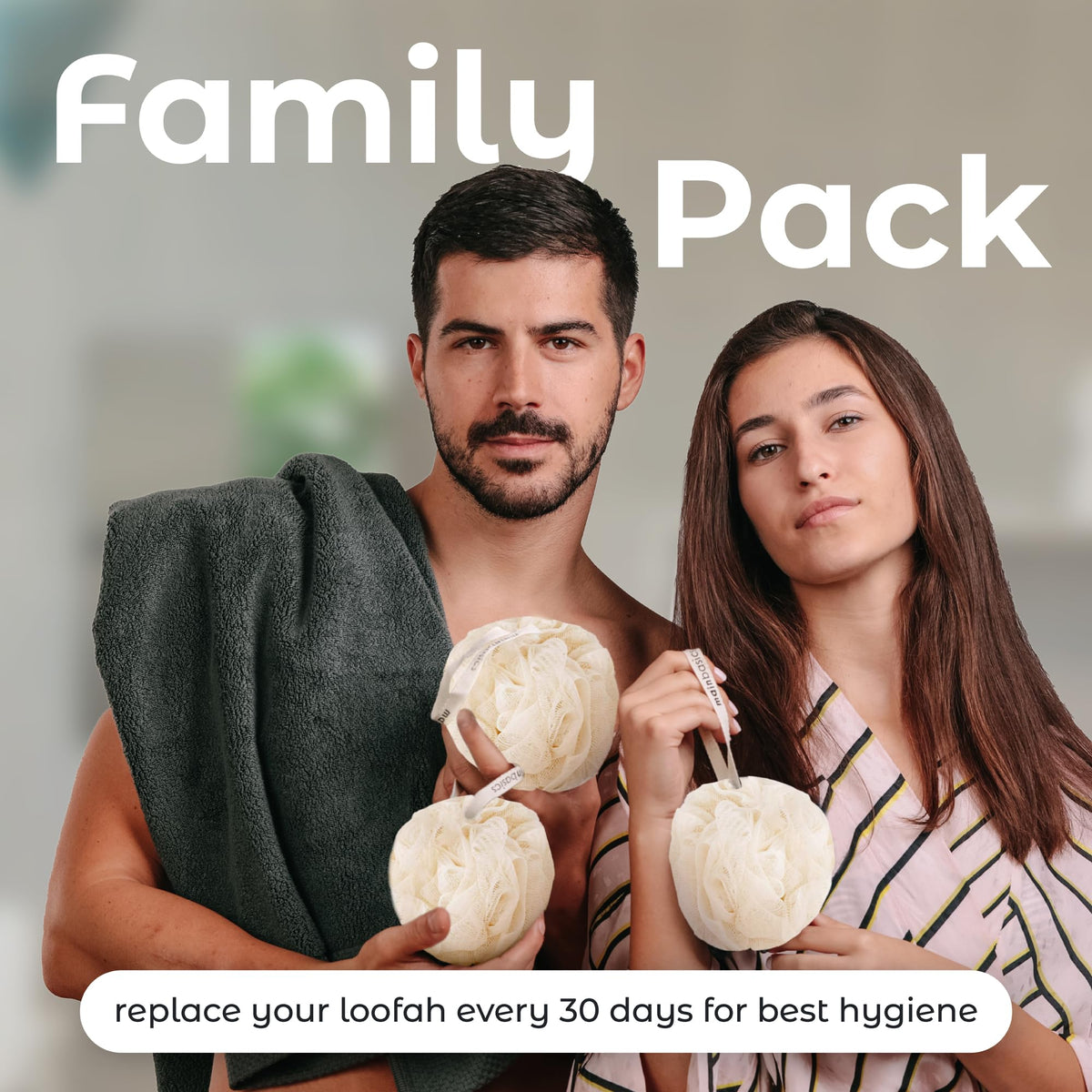MainBasics three loofahs displayed together to show pack value and rotation benefit