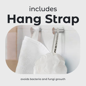 MainBasics loofah hanging to dry demonstrating quick drainage and mildew prevention