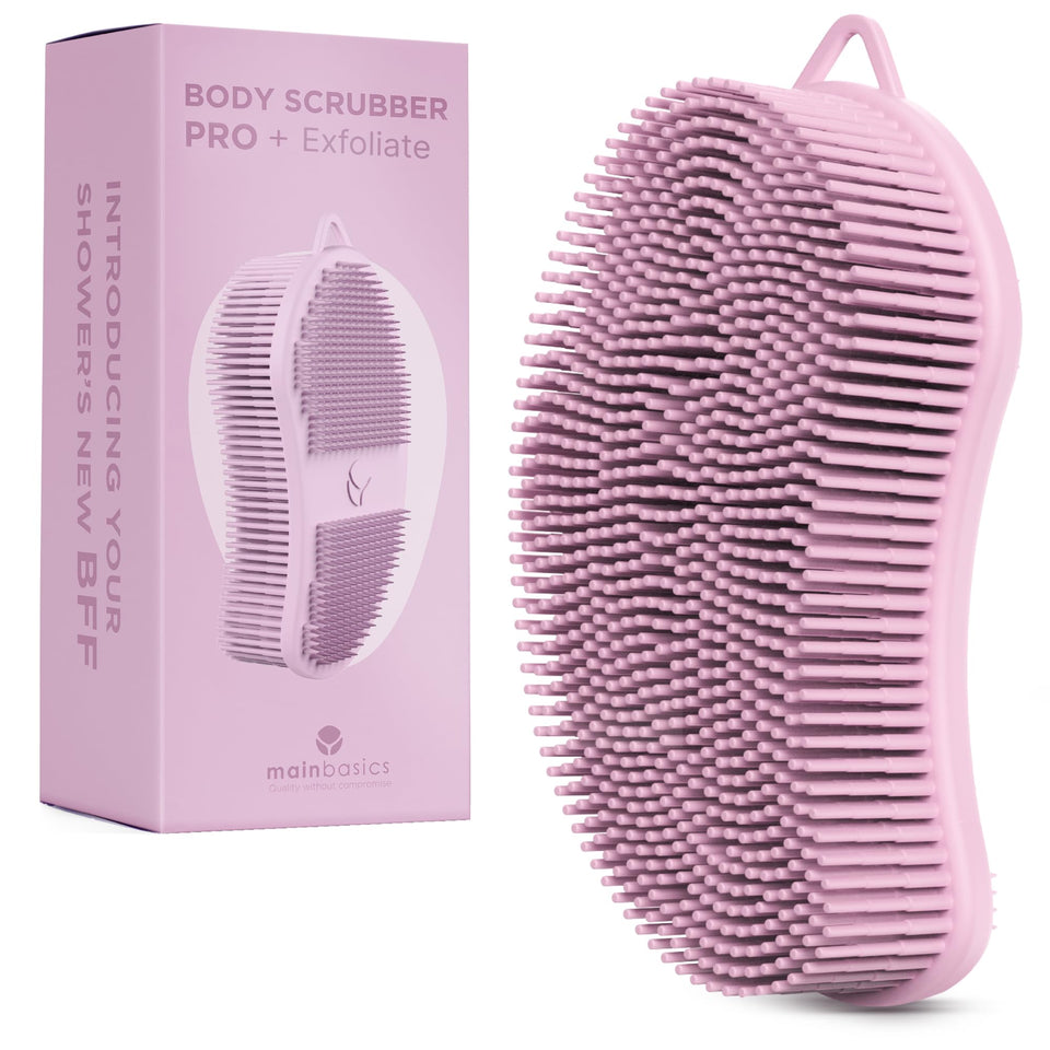 MainBasics pink front view showing compact exfoliating brush and easy grip