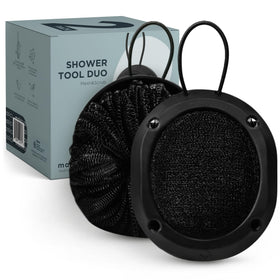 MainBasics front packaging showing two black shower tools and benefits