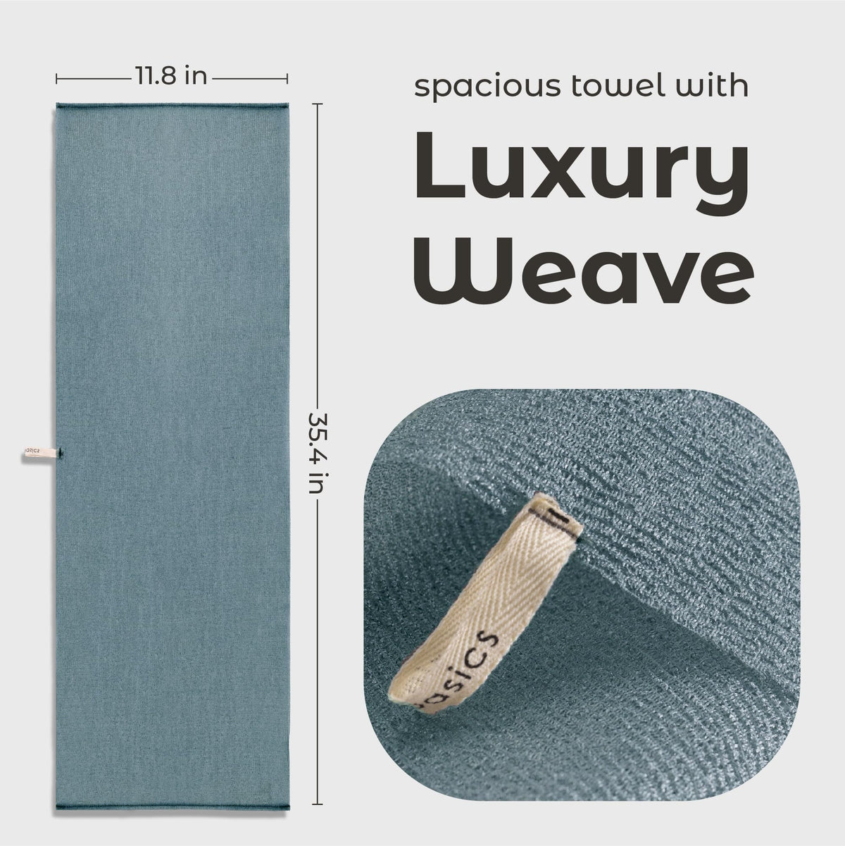 MainBasics towel draped on rail showing full 35.4 by 11.8 inch size for back reach