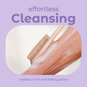 MainBasics brush beside a ruler showing 16.5-inch reach for easier back access