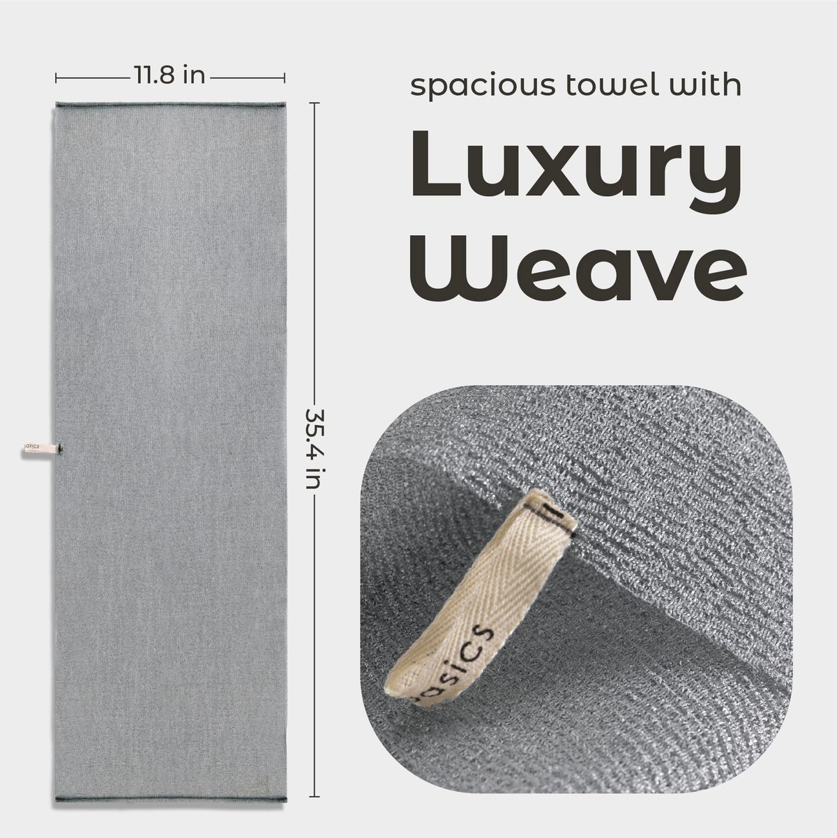 MainBasics towel next to ruler showing generous 35.4 x 11.8 inches reach benefit