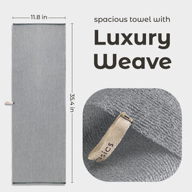 MainBasics towel next to ruler showing generous 35.4 x 11.8 inches reach benefit