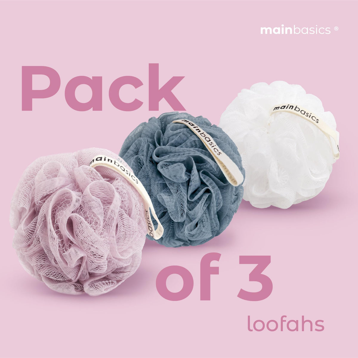 MainBasics three loofahs stacked to show included set value
