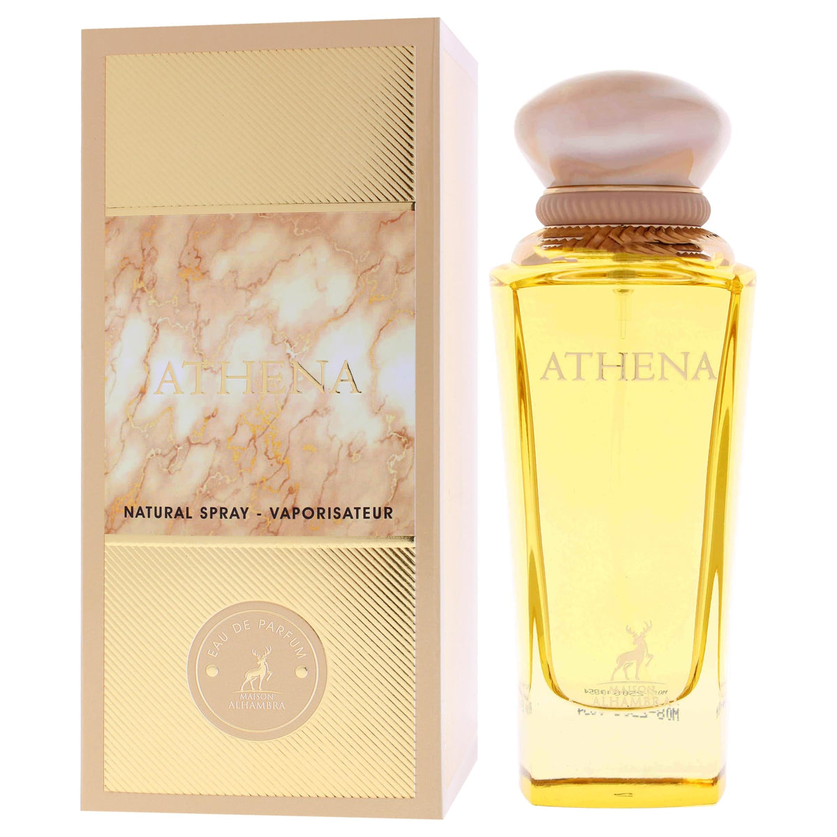 Maison Alhambra Athena bottle in hand indicating 3.4 oz size and scale