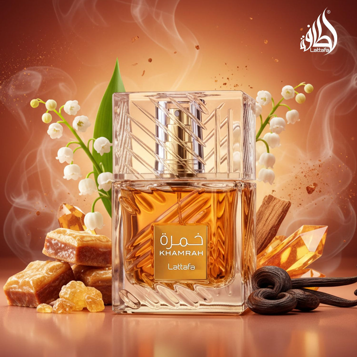 Maison Alhambra close-up of amber liquid texture on skin, shows warm gourmand richness