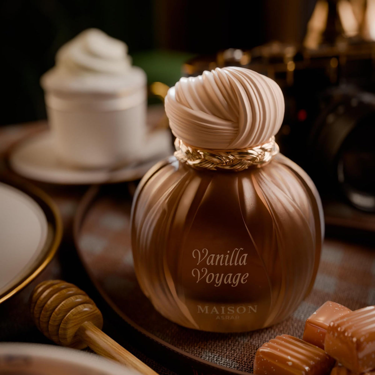 MAISON ASRAR lifestyle scene on vanity showing how it complements evening looks benefit