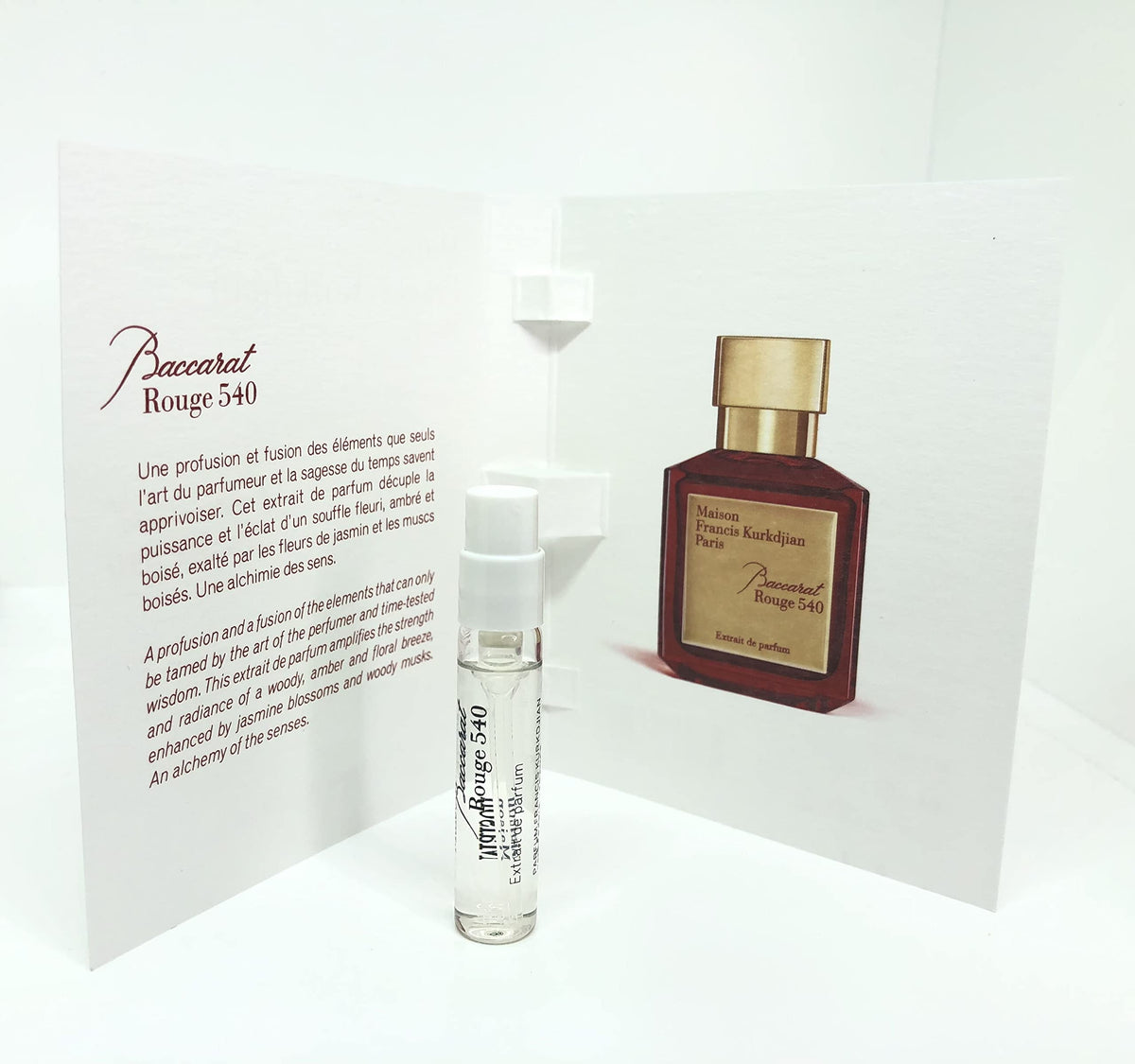 Maison Francis Kurkdjian front packaging of 2ml extrait vial showing elegant bottle and label, highlights luxury