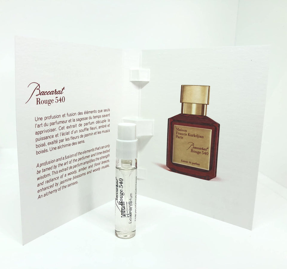 Maison Francis Kurkdjian front packaging of 2ml extrait vial showing elegant bottle and label, highlights luxury