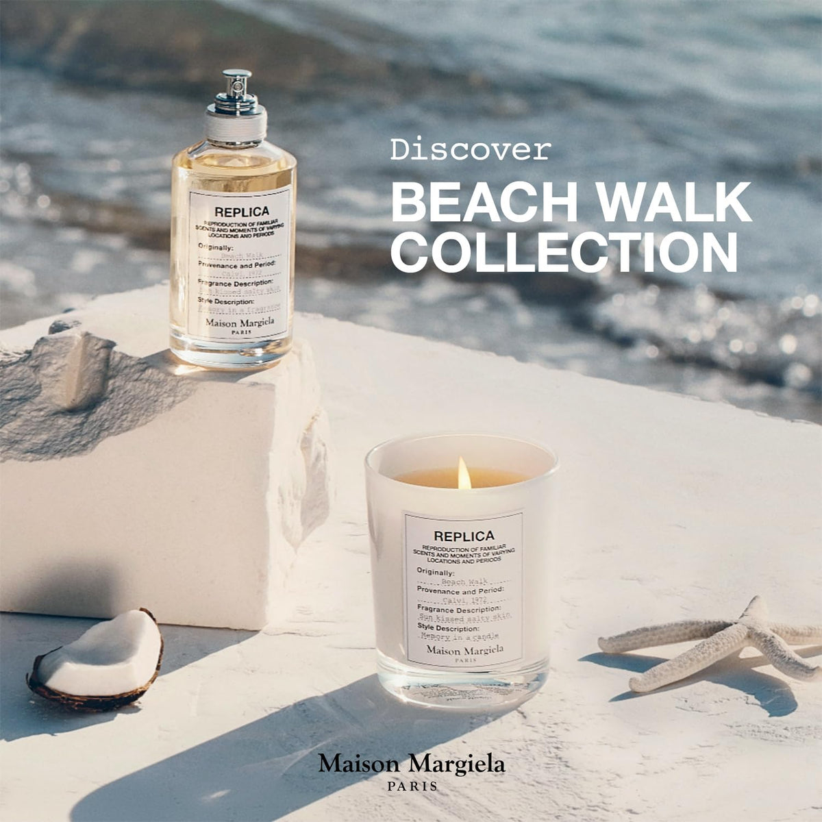 Maison Margiela bottle on sandy beach lifestyle scene evoking ocean breeze benefit