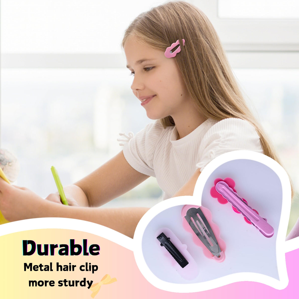 MAITIANISK clip placed in girl's hair demonstrating secure, gentle hold