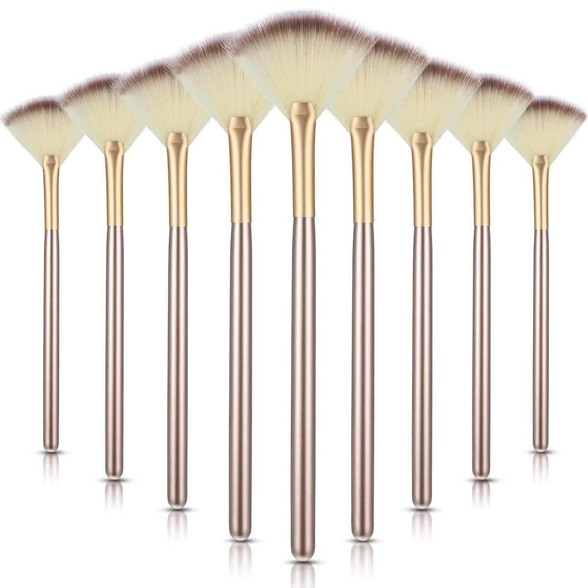 Maitys front view of champagne fan brush set showing nine brushes and packaging, precise application