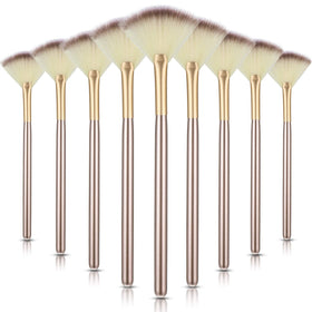 Maitys front view of champagne fan brush set showing nine brushes and packaging, precise application