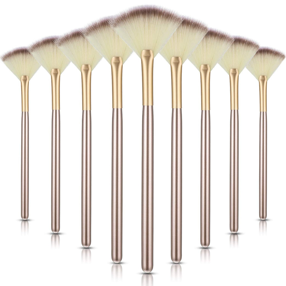 Maitys front view of champagne fan brush set showing nine brushes and packaging, precise application