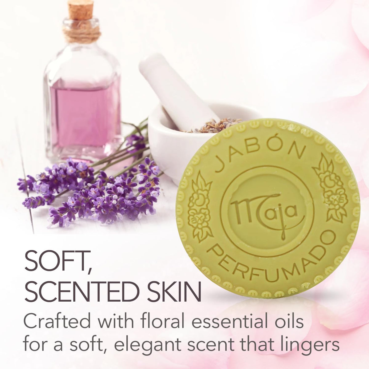 Maja soap bar close-up revealing deep red color and embossed detail