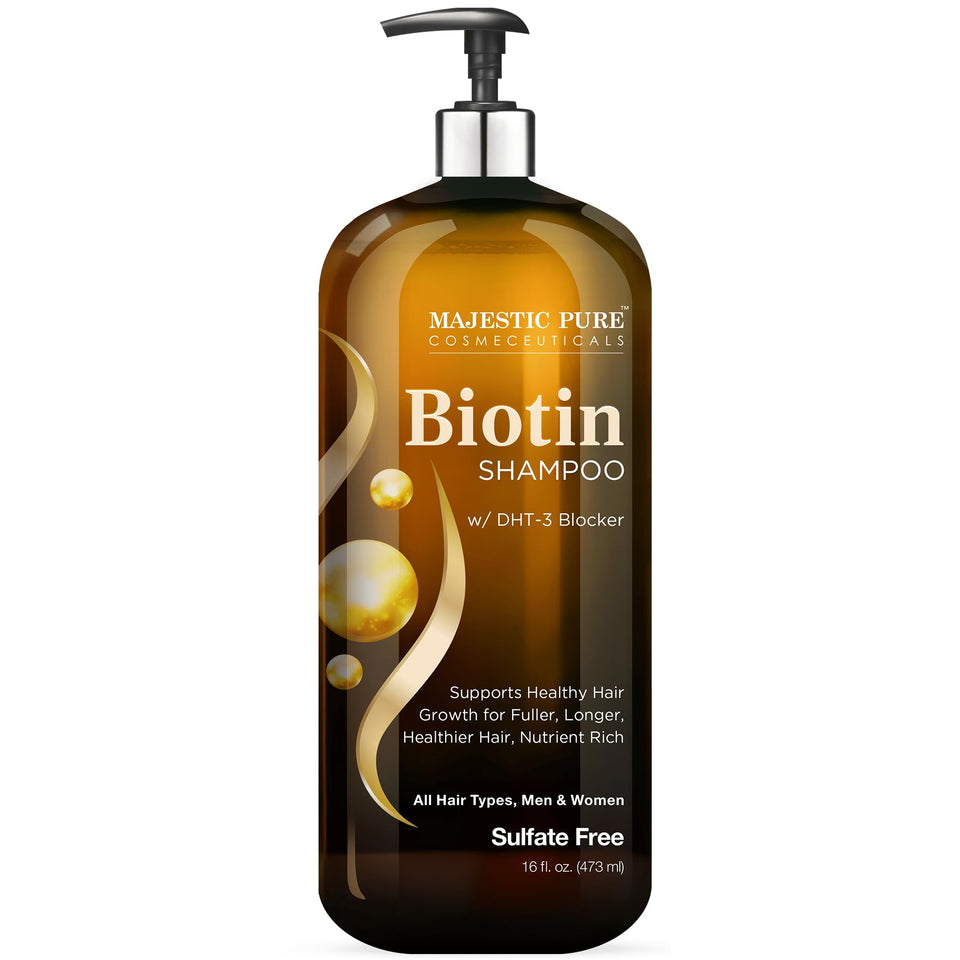 Majestic Pure front label showing biotin shampoo and volumizing benefit