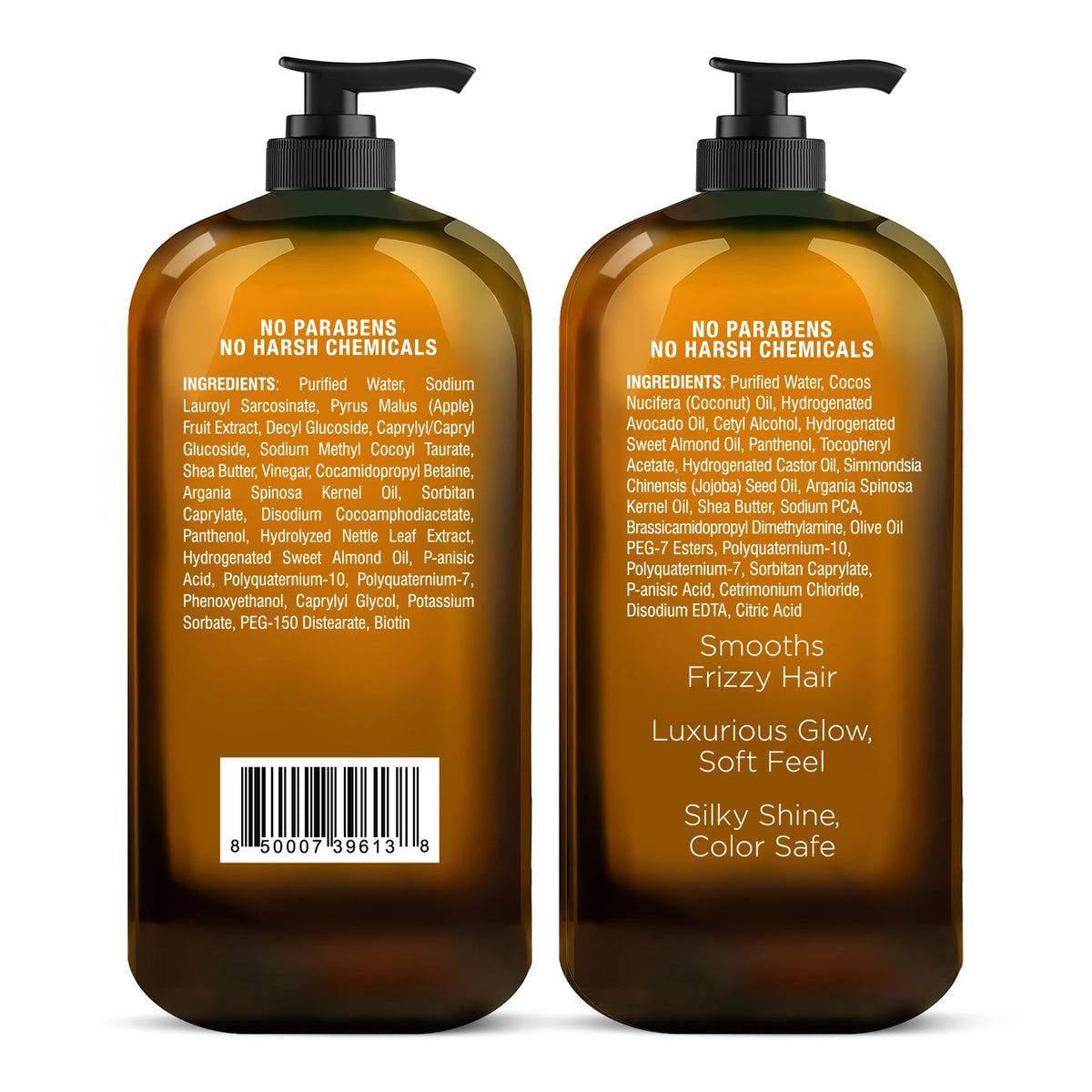 Majestic Pure before and after hair photo emphasizing smoother, shinier, frizz-reduced results