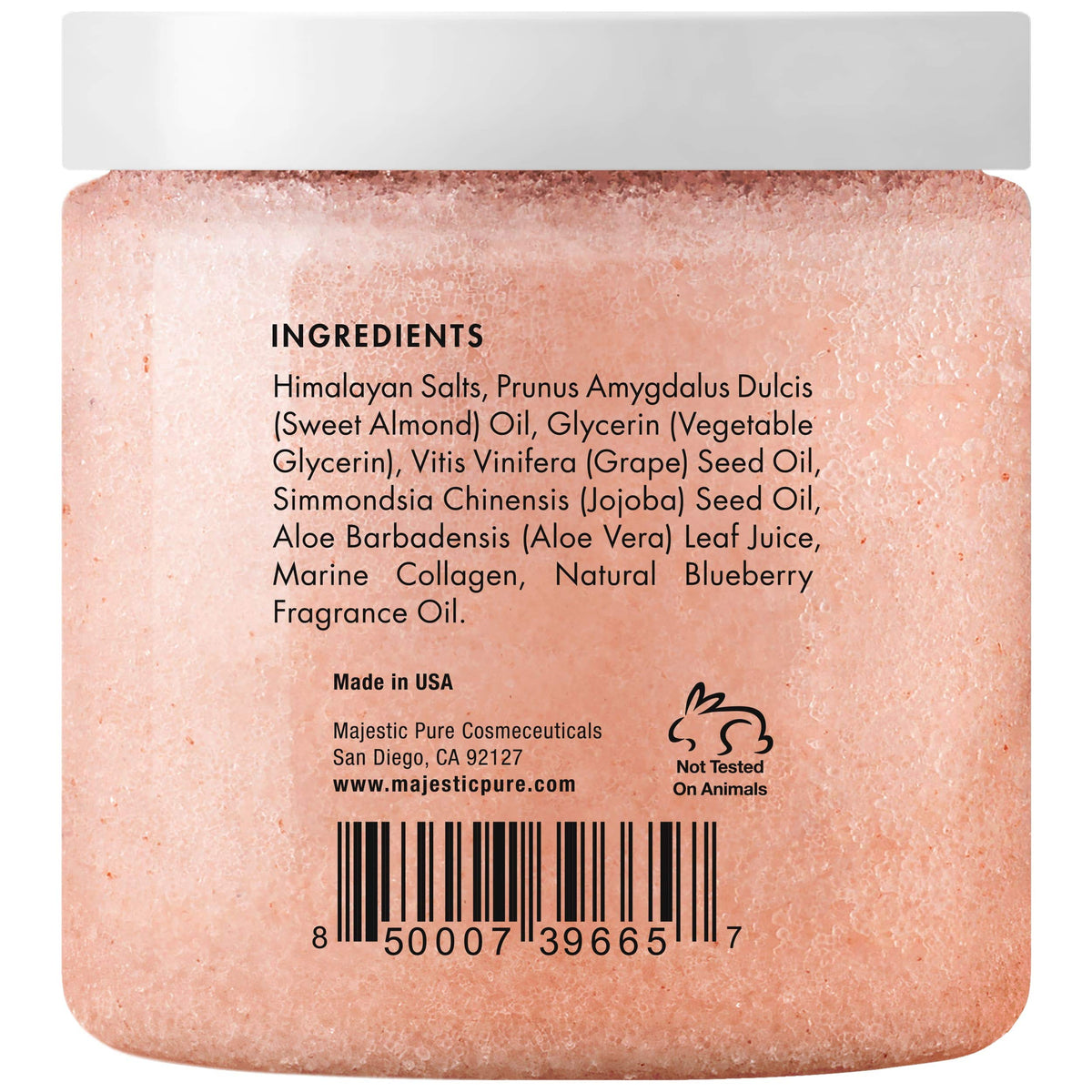Majestic Pure scrub on hand demonstrating creamy oil-rich consistency