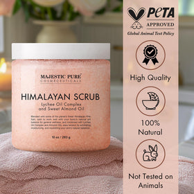 Majestic Pure scrub being applied to forearm, illustrates exfoliation and instant smoothing benefit