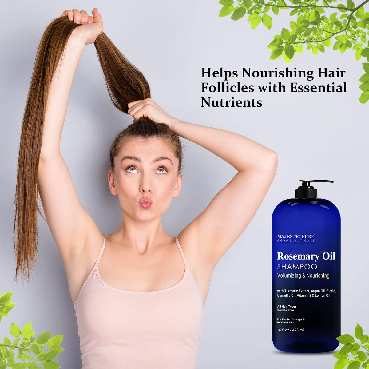 Majestic Pure label close-up highlighting 2.5% rosemary oil and key ingredients