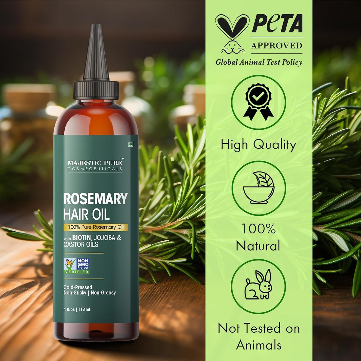 Majestic Pure ingredient display with rosemary, jojoba and castor for natural care