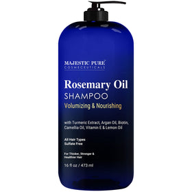 Majestic Pure bottle front packaging showing rosemary shampoo for nourished hair