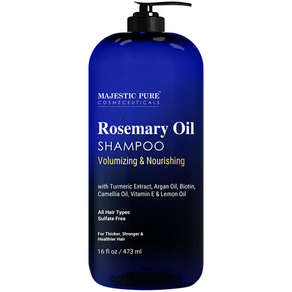 Majestic Pure bottle front packaging showing rosemary shampoo for nourished hair