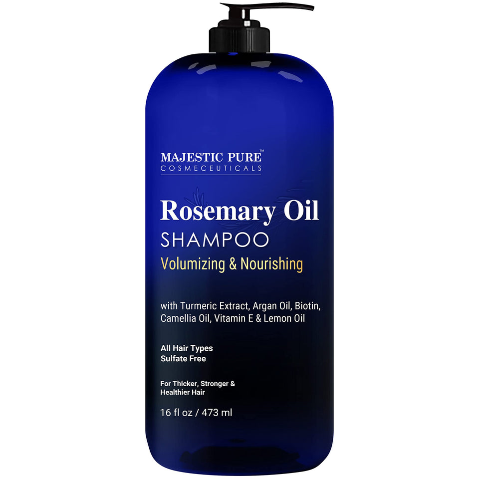 Majestic Pure bottle front packaging showing rosemary shampoo for nourished hair