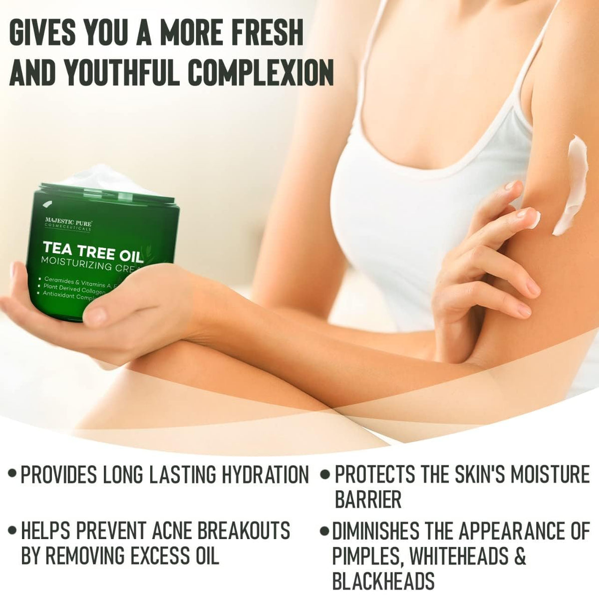 Majestic Pure tea tree oil drop with leaf, highlighting natural ingredient benefits