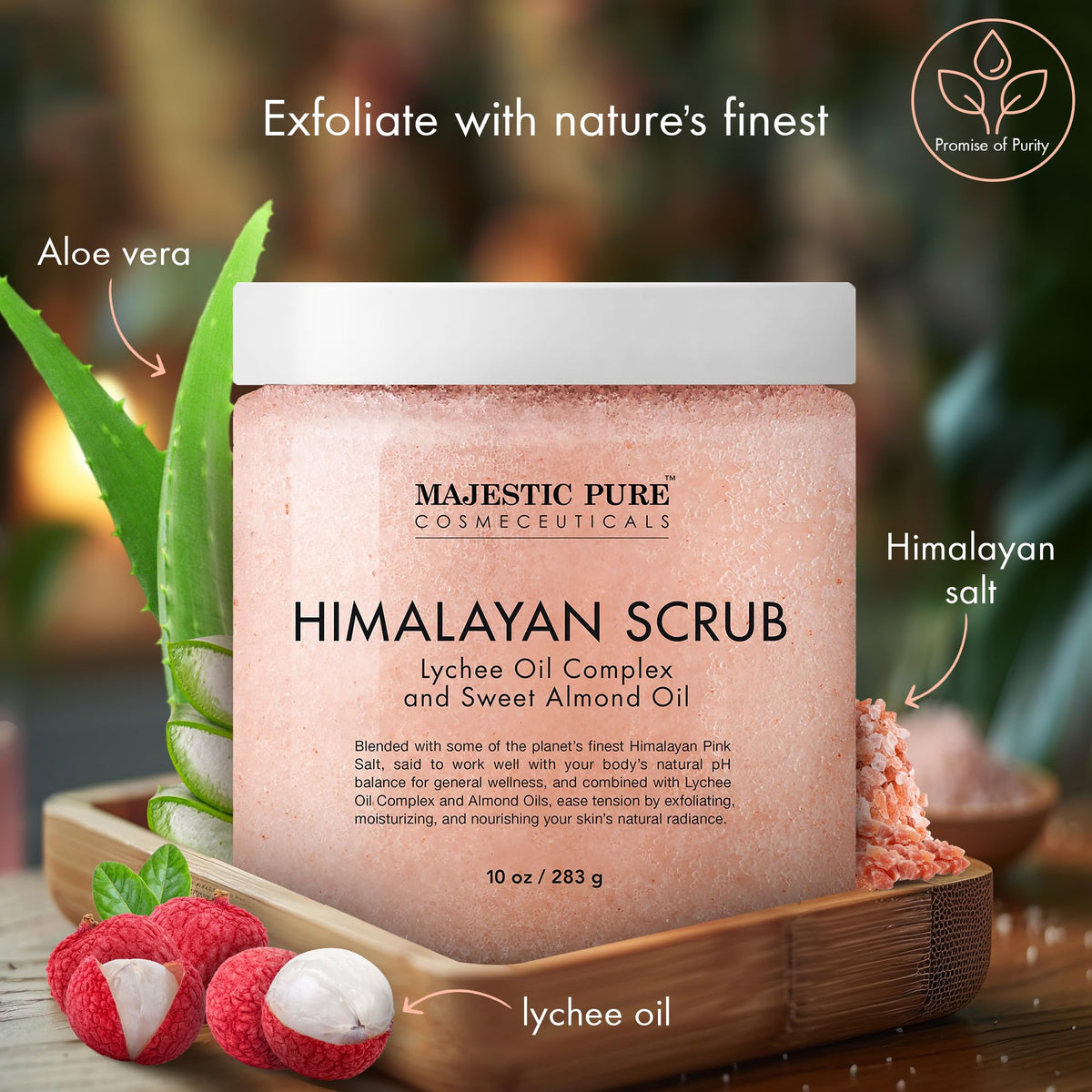 Majestic Pure close-up of scrub texture with salt crystals, highlights exfoliating minerals