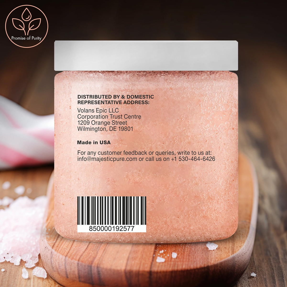 Majestic Pure tub label detail with ingredient list visible, conveys transparent natural sourcing