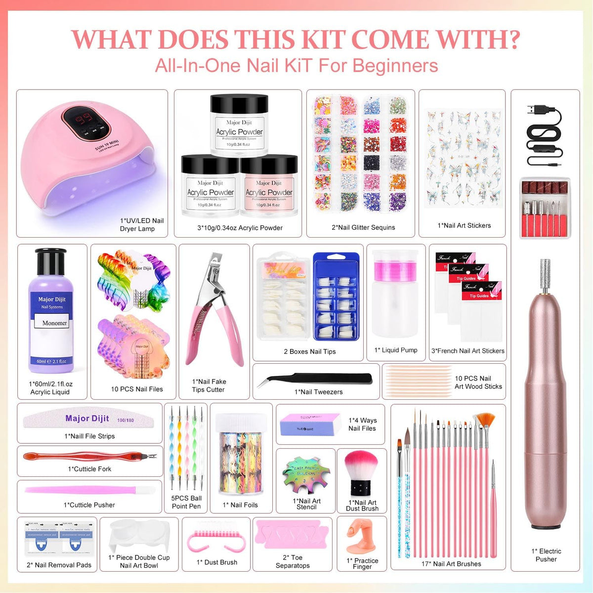 Major Dijit colored acrylic powders close-up for smooth, customizable finishes