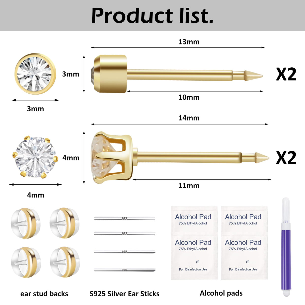 Makalong close-up 4mm CZ stud highlighting nickel-free hypoallergenic finish