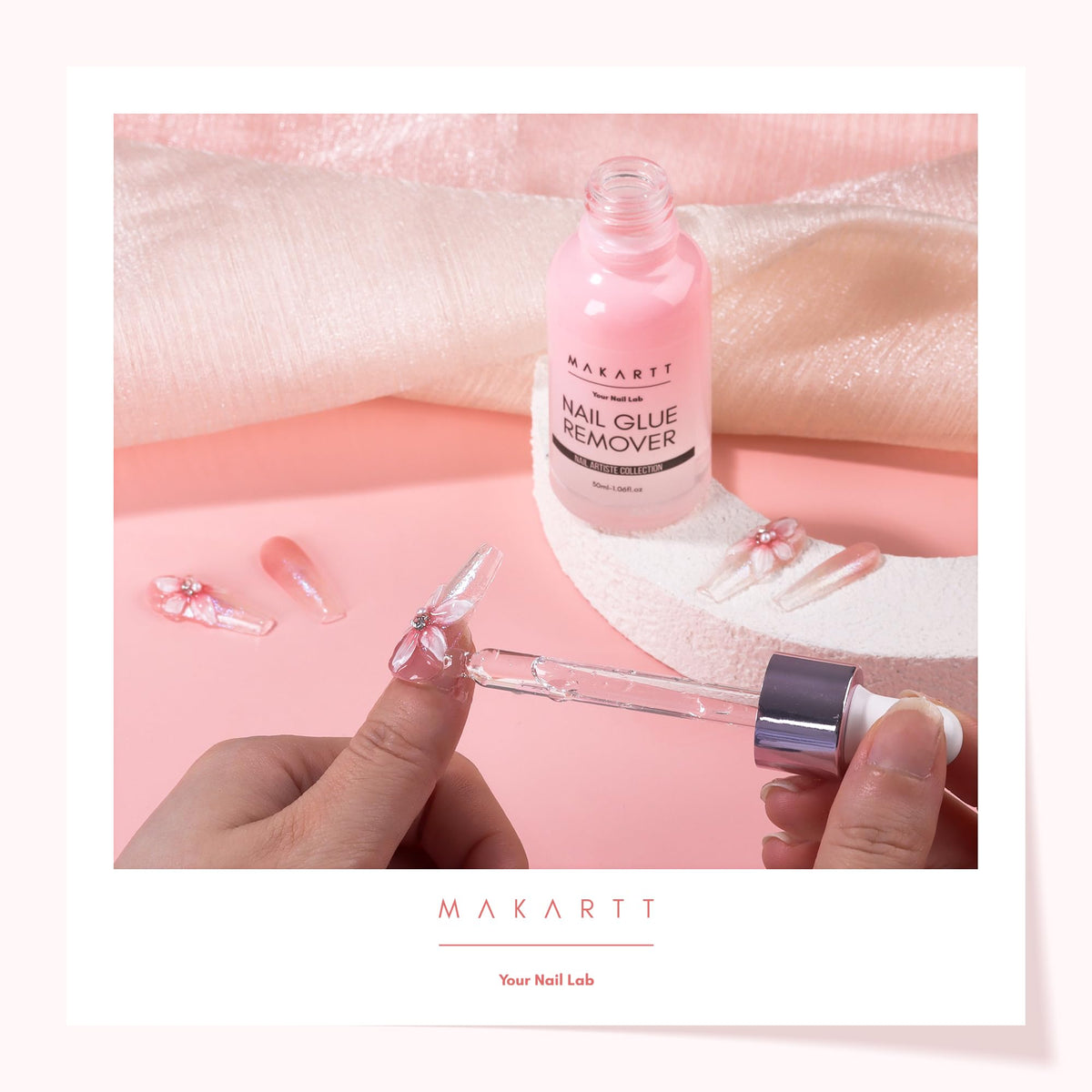 Makartt aftercare with cuticle oil showing gentle care following glue removal