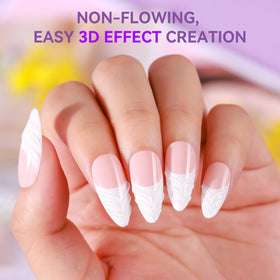 Side-by-side nail plate before and after Makartt 3D gel showing raised carving and sculpted detail