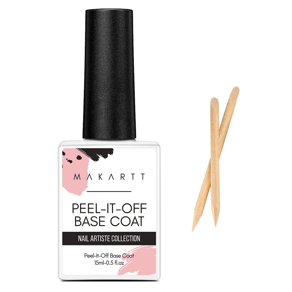 Makartt bottle front view showing clear peelable base coat for easy removal