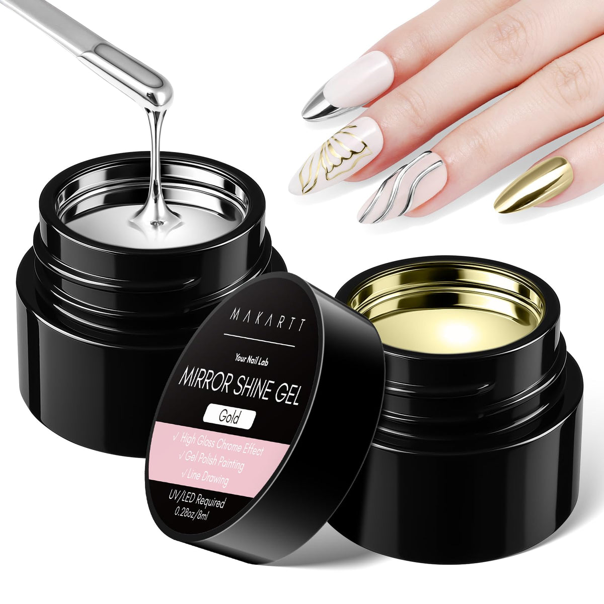 Makartt front packaging showing silver and gold chrome gel set with product benefits