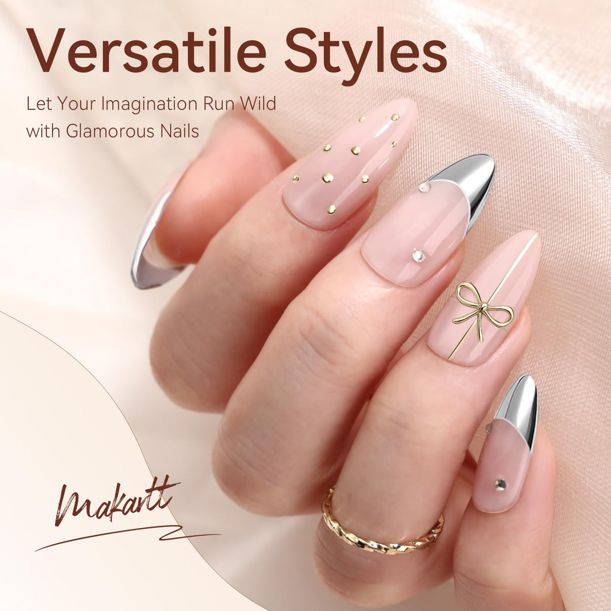 Makartt gold swatch on nail tip highlighting warm metallic mirror shine
