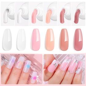 Makartt color swatch display of clear, white and four nude-pink shades for styling ideas