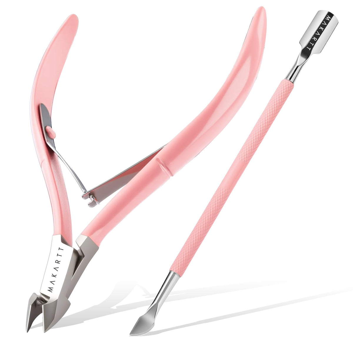 Makartt cuticle trimmer front view showing ergonomic handle and pink finish for comfortable grip