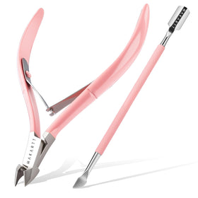 Makartt cuticle trimmer front view showing ergonomic handle and pink finish for comfortable grip