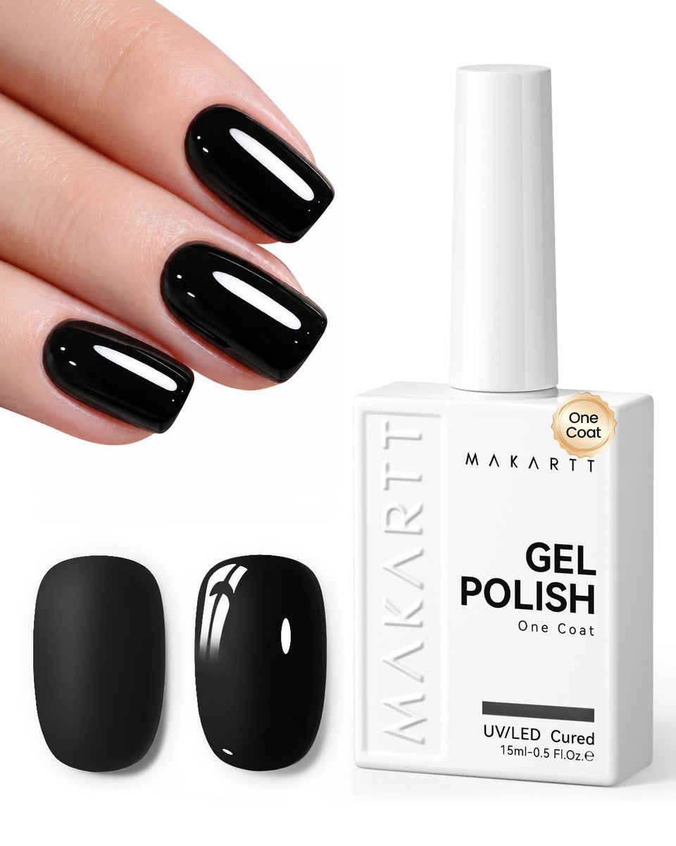 Makartt bottle front view showing rich black gel and clear branding benefit long-lasting color