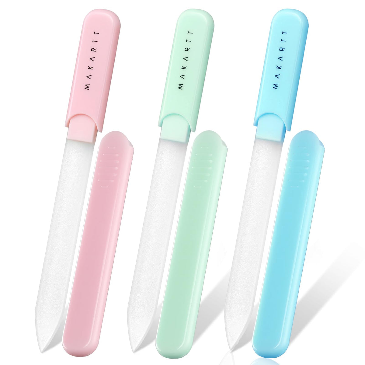 Makartt three-piece front packaging showing pastel glass files and case for neat storage