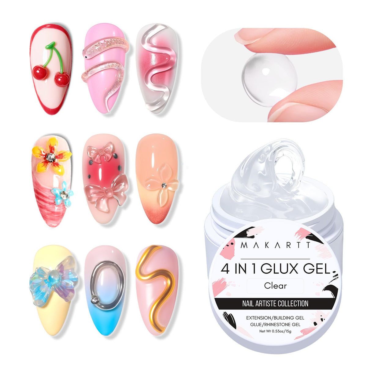 Makartt clear builder gel front packaging shows product and benefit of clarity