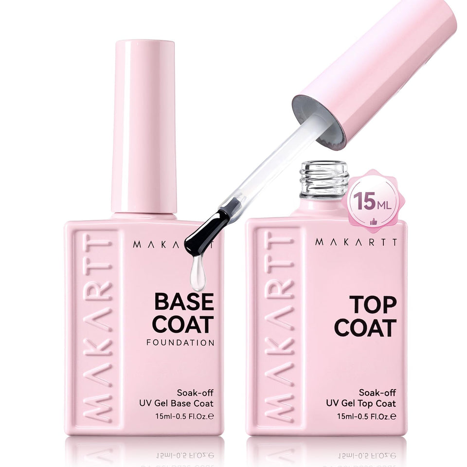 Makartt front packaging showing both 15ml base and no-wipe top bottles and benefits