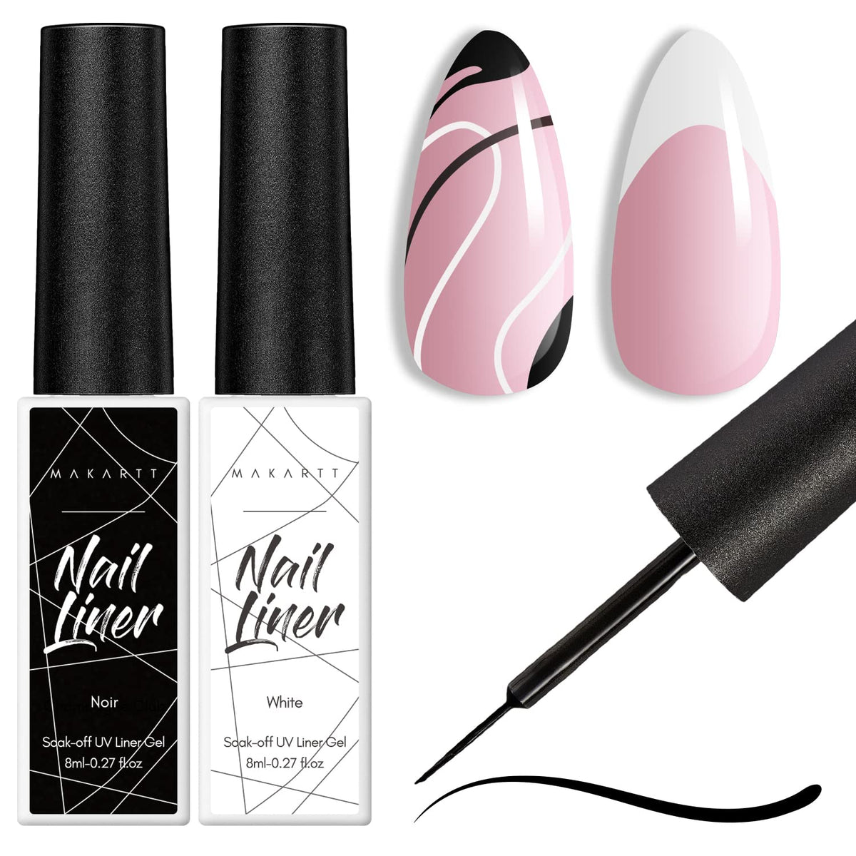 Makartt front packaging showing black and white gel liners and benefits