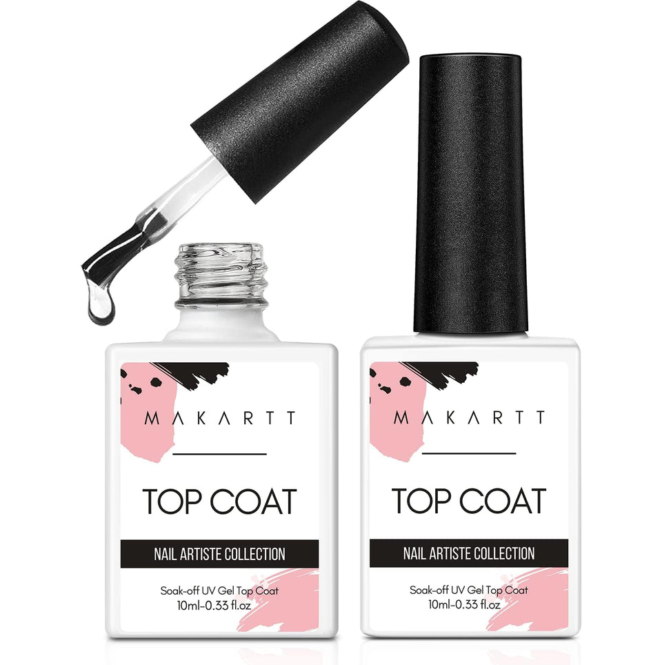 Makartt front packaging showing two 10ml no‑wipe gel top coat bottles and product benefits