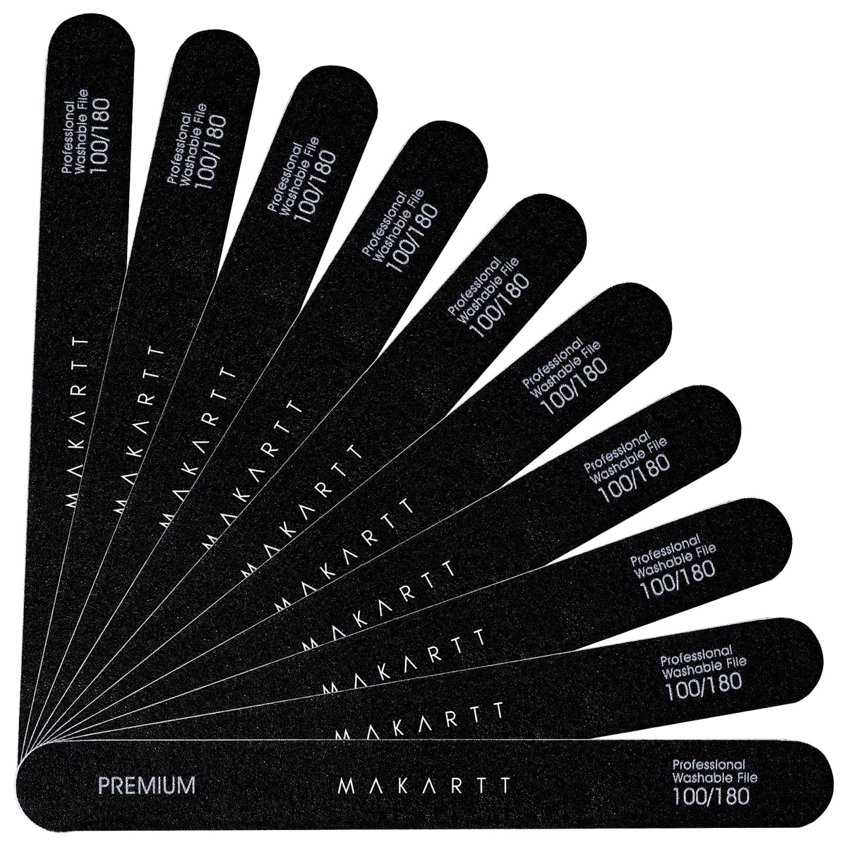 Makartt front packaging showing 10 black emery boards for professional convenience