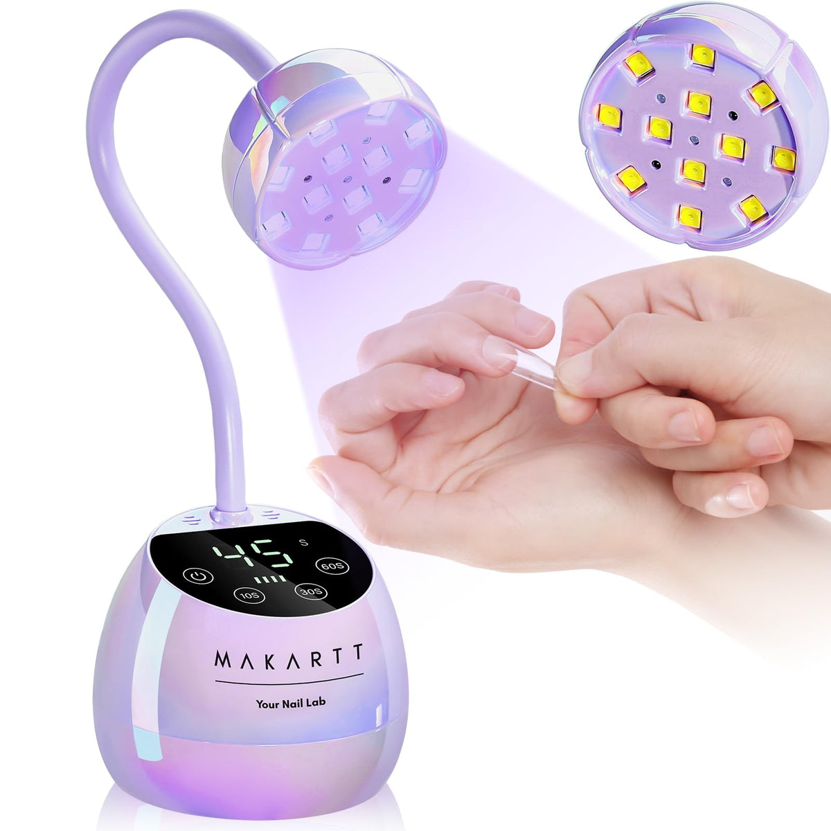 Makartt front view of glazed purple lamp showing compact design and portability